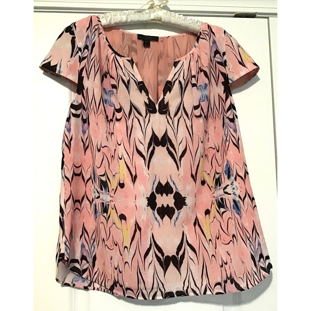 J CREW Shirt Women's Size 10 Floral Top Silky Pink & Black‎ Watercolor Blouse